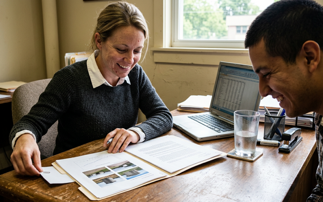 Professional reviewing humanitarian project reports and financial spreadsheets at a desk, evaluating a donor-advised fund grant allocation.