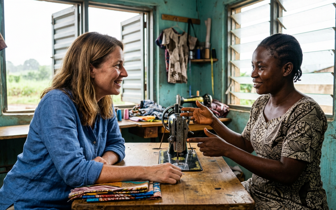 Donor and Nigerian woman discuss small business sewing project in a sunlit workshop, representing designated humanitarian giving.