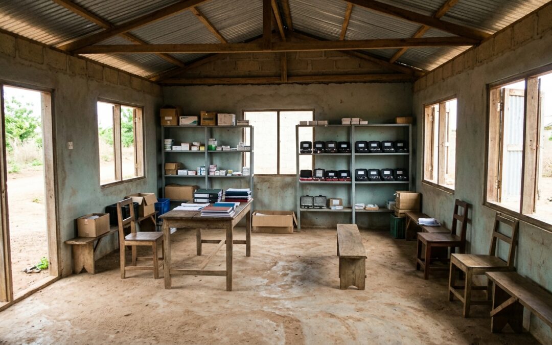 Local partner in Ghana organizing donated eyeglasses on a shelf inside a completed medical outreach clinic, natural light through open windows.