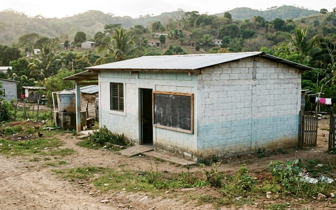 Donor and local Honduran partner reviewing a community feeding center attendance board on an exterior wall in late afternoon light.