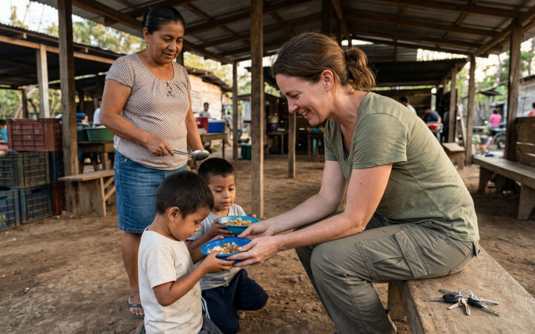 Woman donor kneeling with children at a feeding center in Honduras, handing out food in a warm open-air setting.