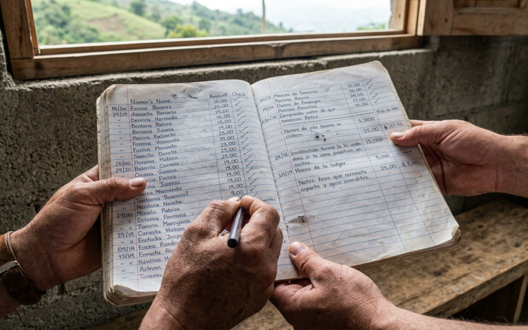 Local partner and community member reviewing a project ledger beside a concrete water cistern on a Honduran hillside.