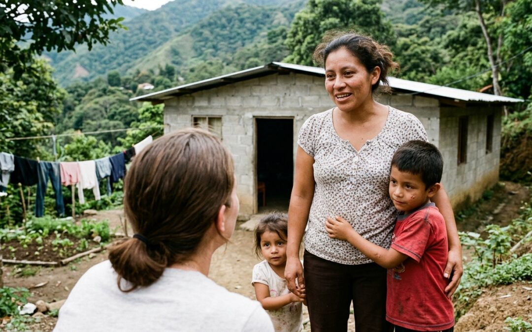 Donor kneeling to listen to a Honduran mother and two children outside their modest mountain village home in soft morning light.
