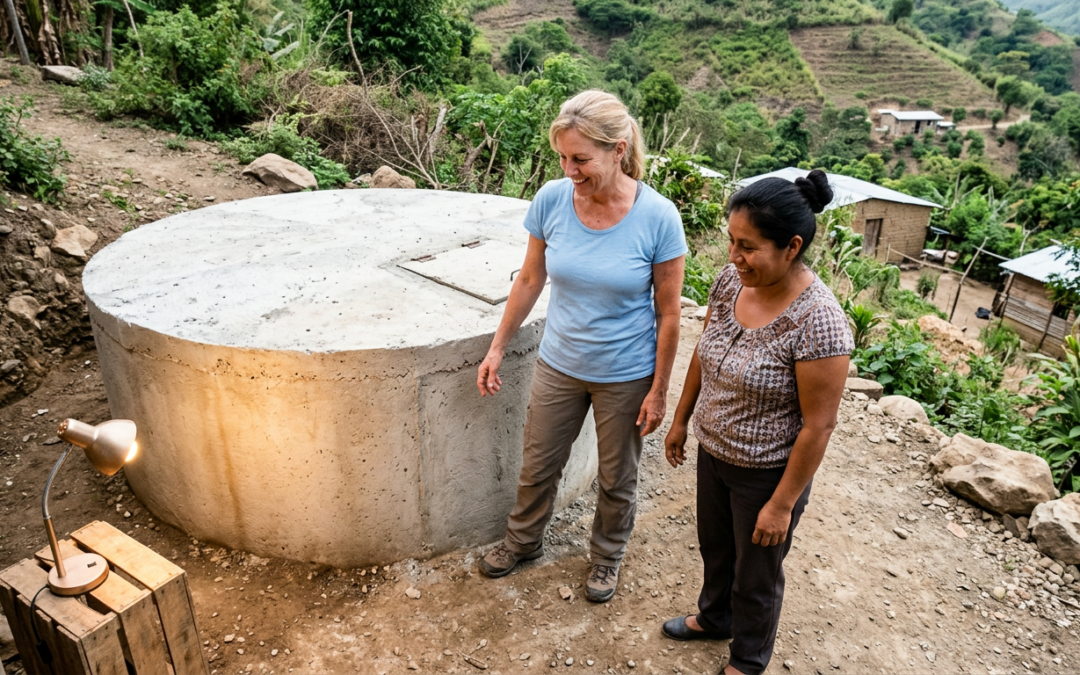 Donor and local community leader standing beside a concrete water cistern on a green hillside in rural Honduras in natural daylight.