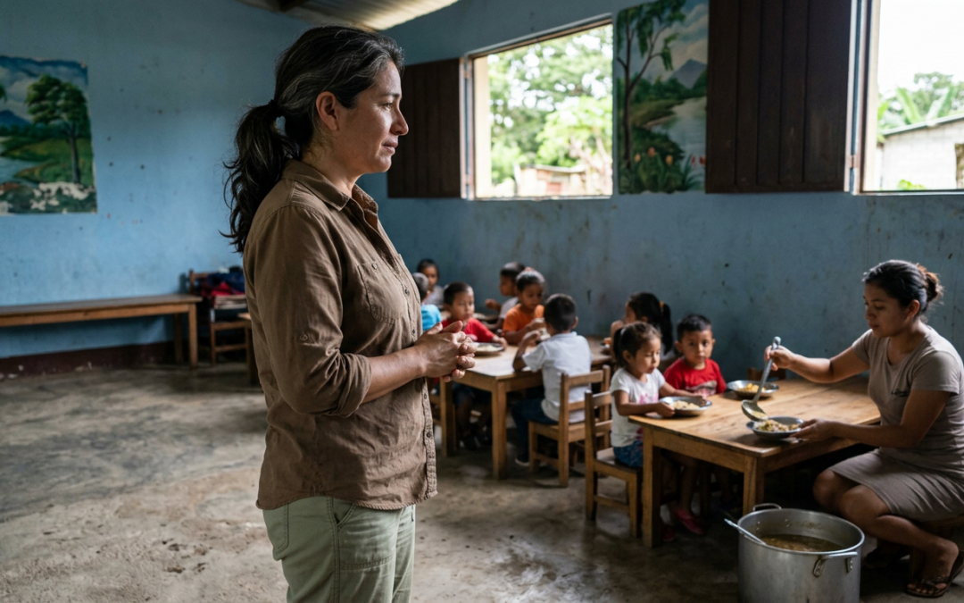Donor observing a local partner distribute food to children at a feeding center in Honduras, natural light filling a simple painted room.