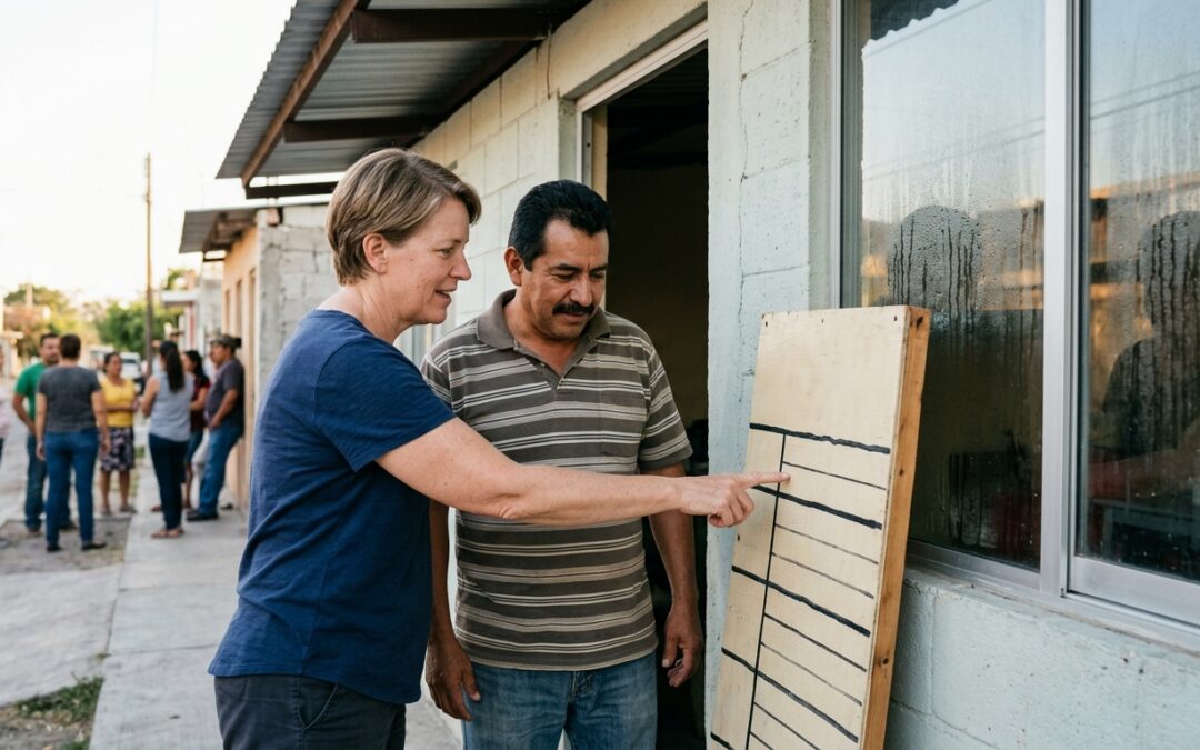 Donor and local community leader reviewing a feeding center meal schedule sign together outside in Guadalajara, Mexico.