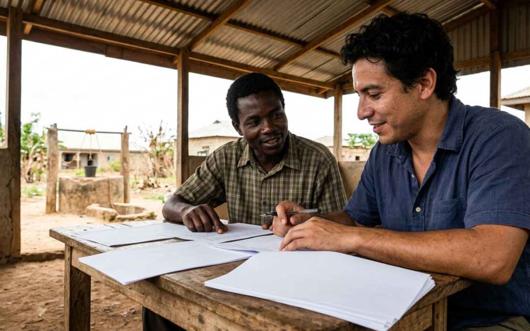 Impact Others staff member and local field partner reviewing financial summary sheets at a wooden table near a rural water well in Africa.