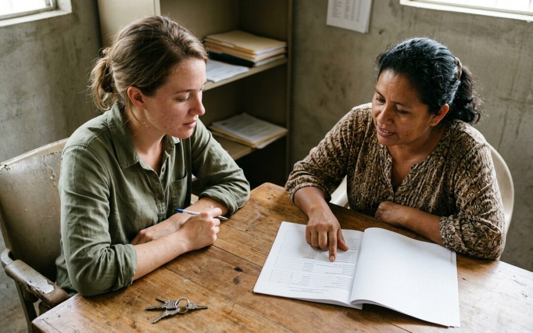 Impact Others representative and local partner leader reviewing a project report together at a wooden table in a modest Honduras field office.