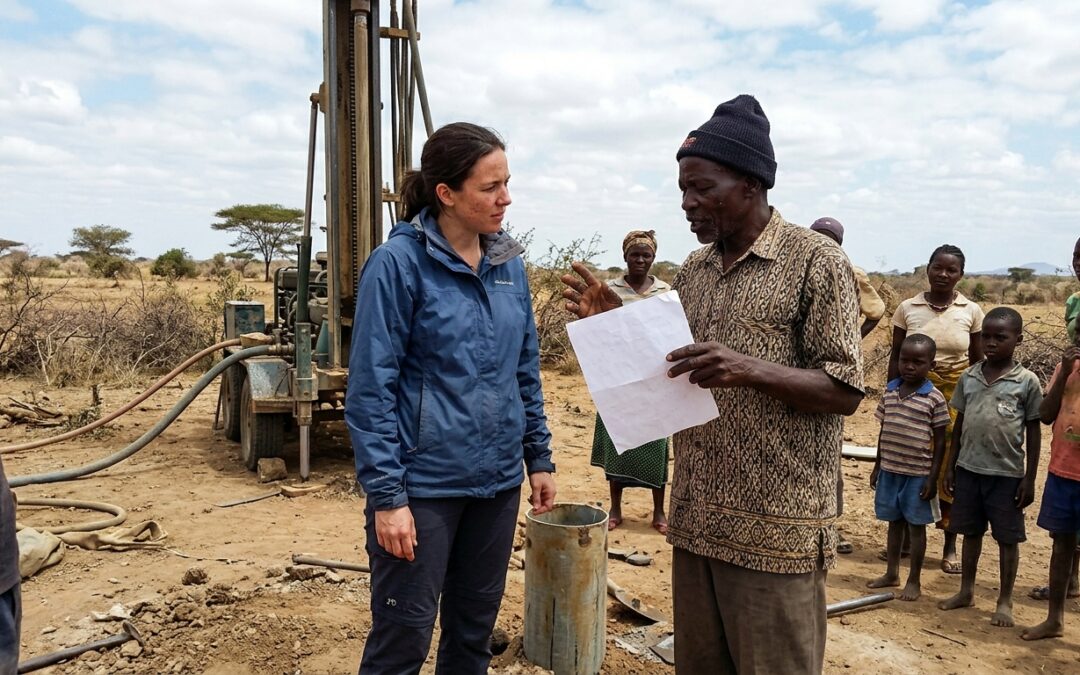 Local partner and community elder in conversation beside a paused water well borehole in a dry rural landscape, community members nearby.