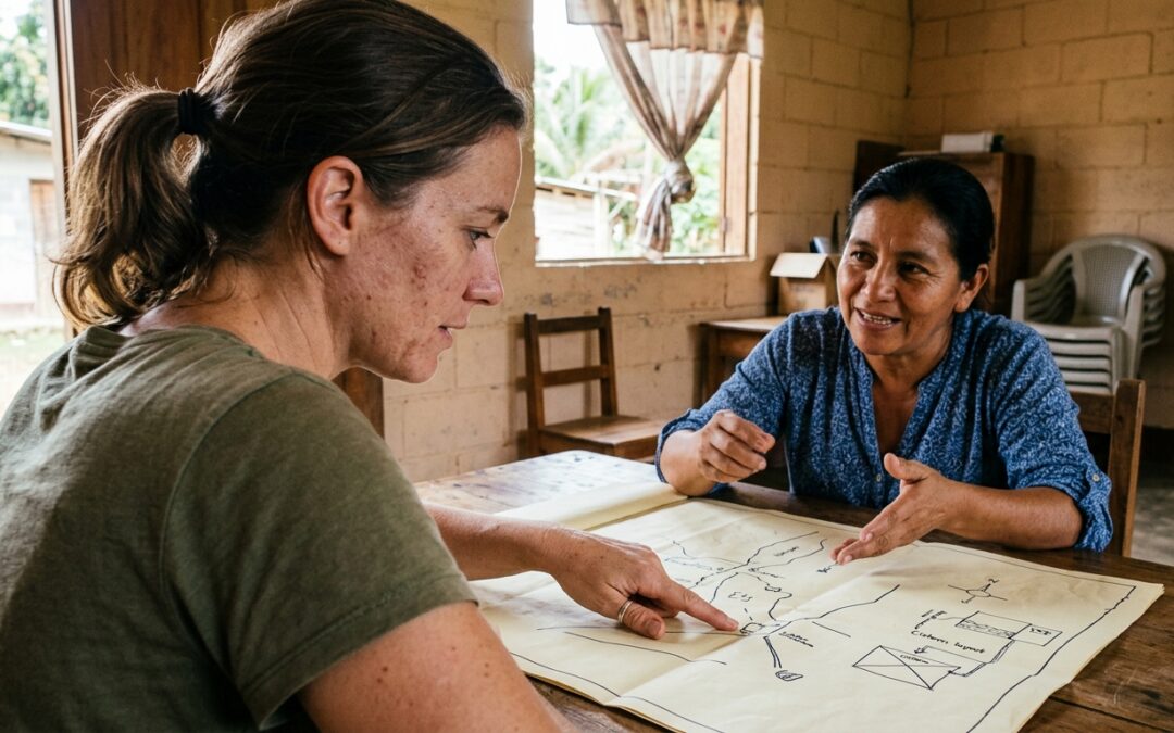 Donor and local community leader in Honduras reviewing a hand-drawn water cistern project map at a wooden table in natural light.