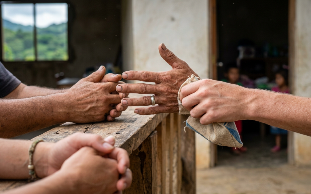 Donors and a local partner standing outside a feeding center in the mountains of Honduras, children visible in the doorway behind them.