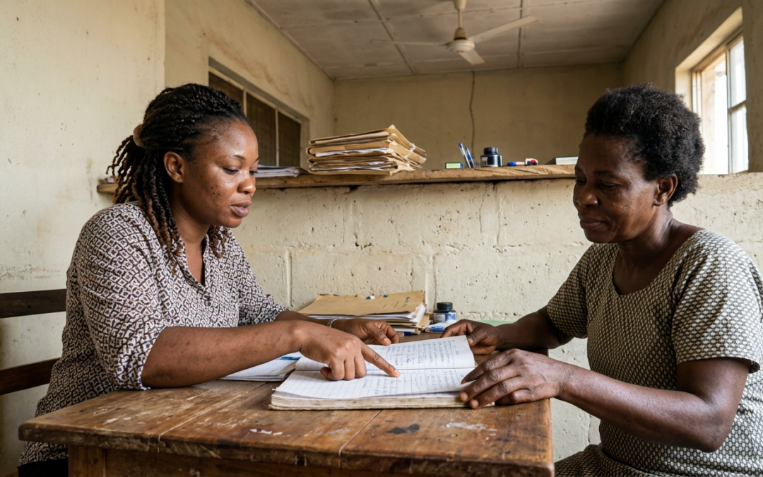 Local project coordinator and community woman reviewing a handwritten financial ledger together in a modest West African office with natural light
