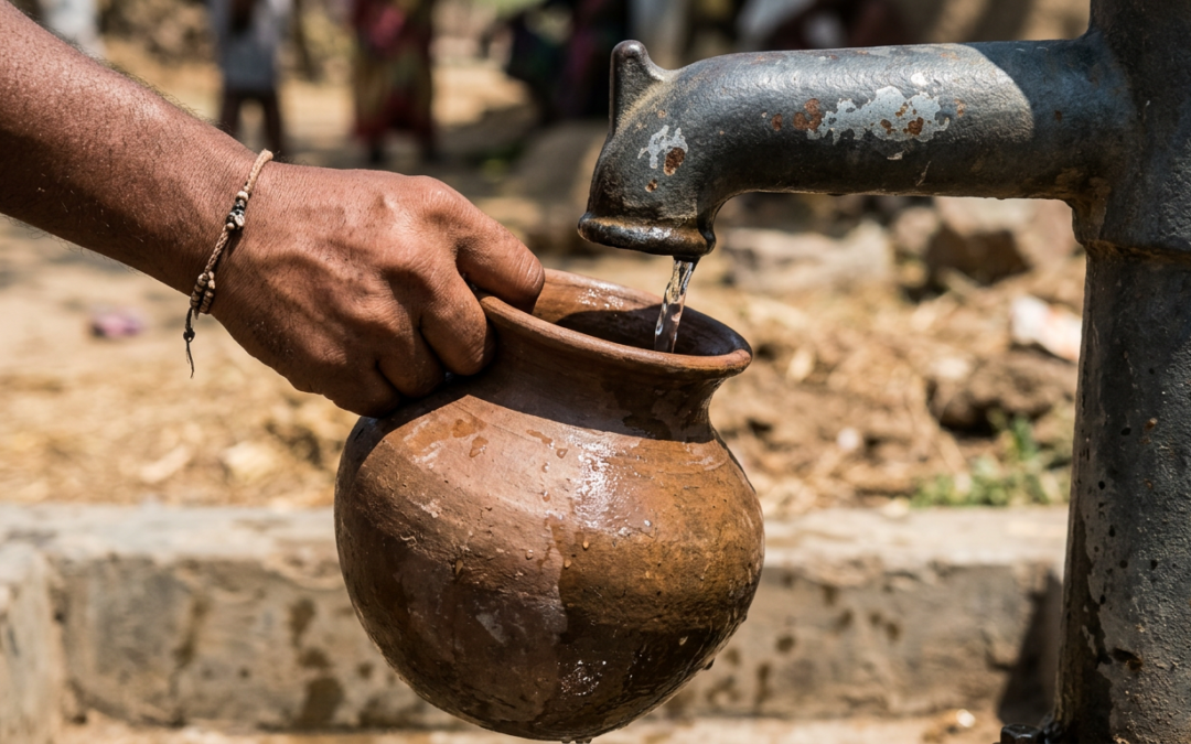 Local field partner and community member at a completed rural water well, water flowing into a clay vessel, children visible nearby.