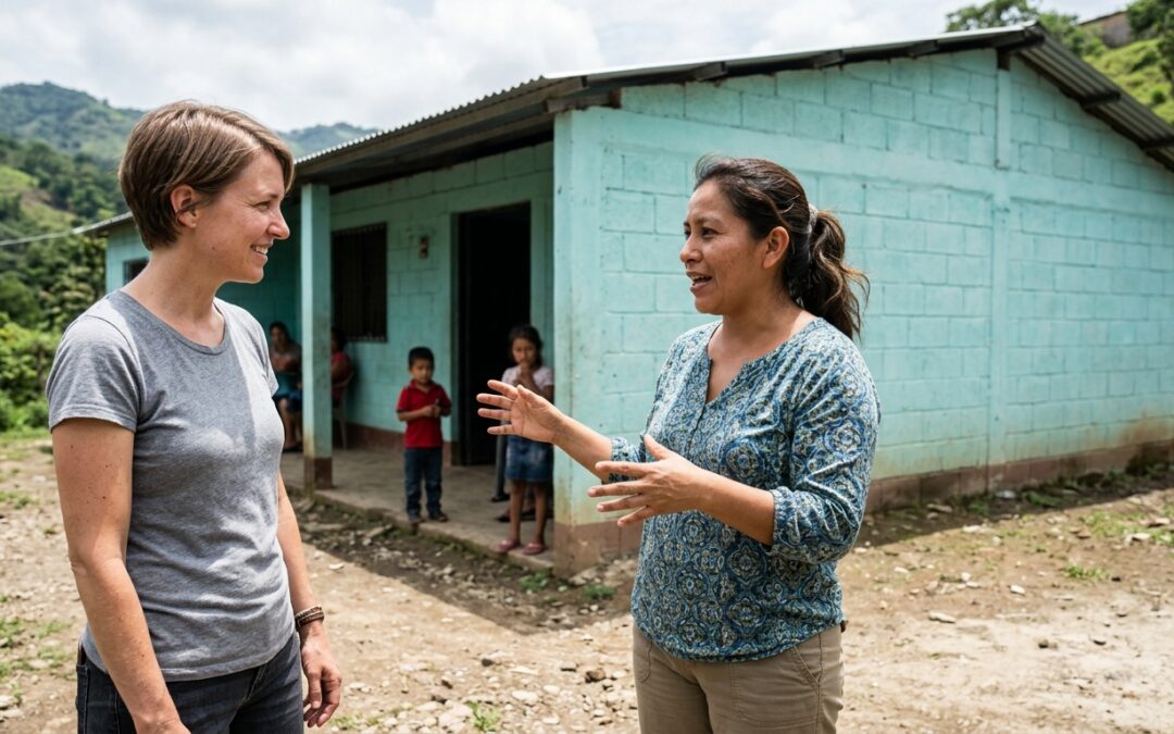 Donor and local partner standing outside a feeding center in Honduras, children visible in the background on a sunny hillside.