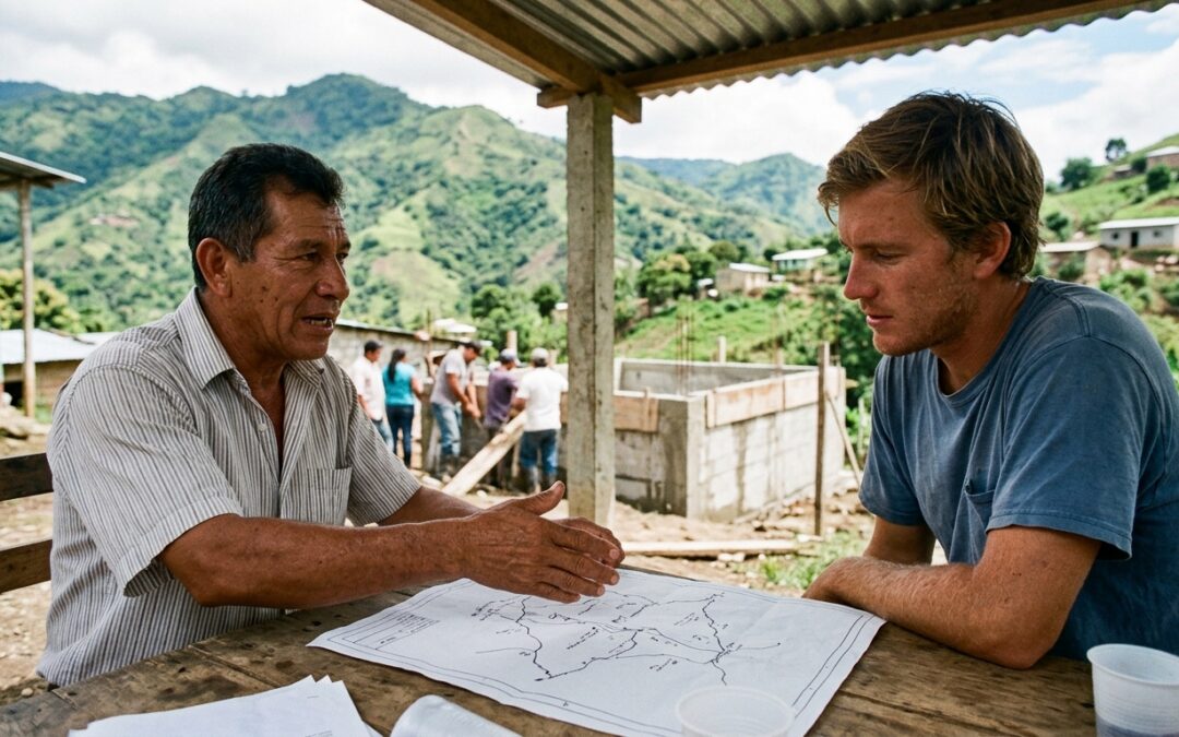 Donor and local community leader reviewing a hand-drawn project map outdoors in Honduras with a water cistern under construction in the background.