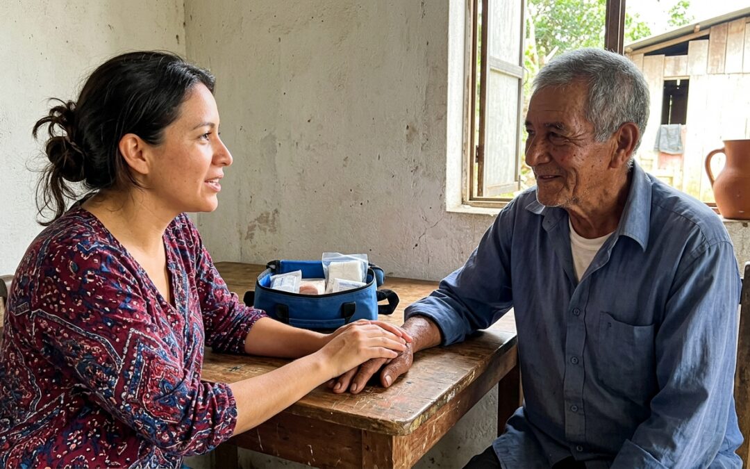 A local community health worker in Colombia holds an elderly man's hand during a medical aid visit in a small sunlit village room.