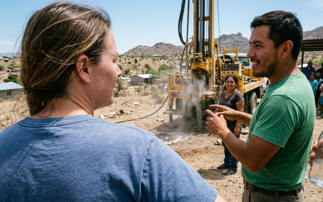 Impact Others representative and local community leader standing at an active well drilling site in a rural village with community members nearby