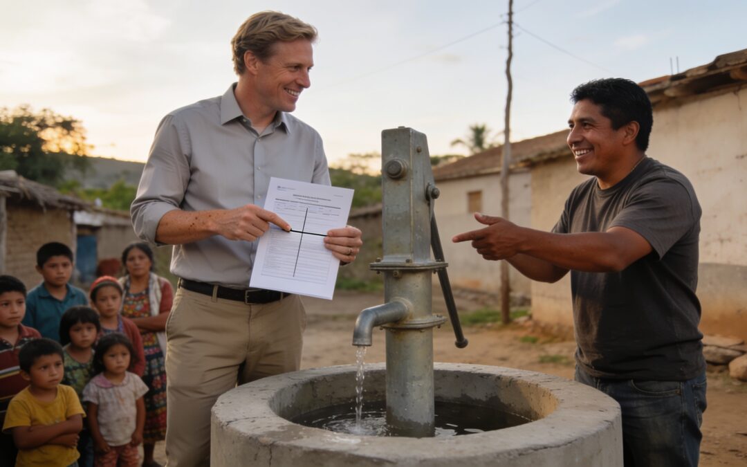 Local partner standing beside a completed water well pump in a rural community overseas, with community members gathered nearby in daylight.