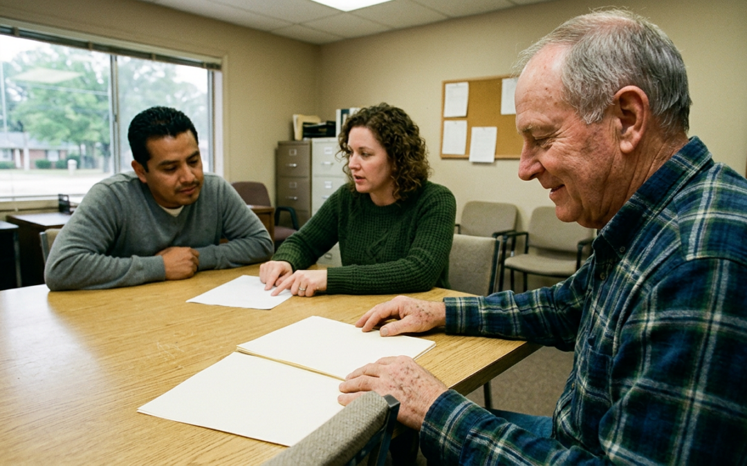 Board members reviewing monthly financial summaries at a plain table in a modest nonprofit office, leaning in during discussion.