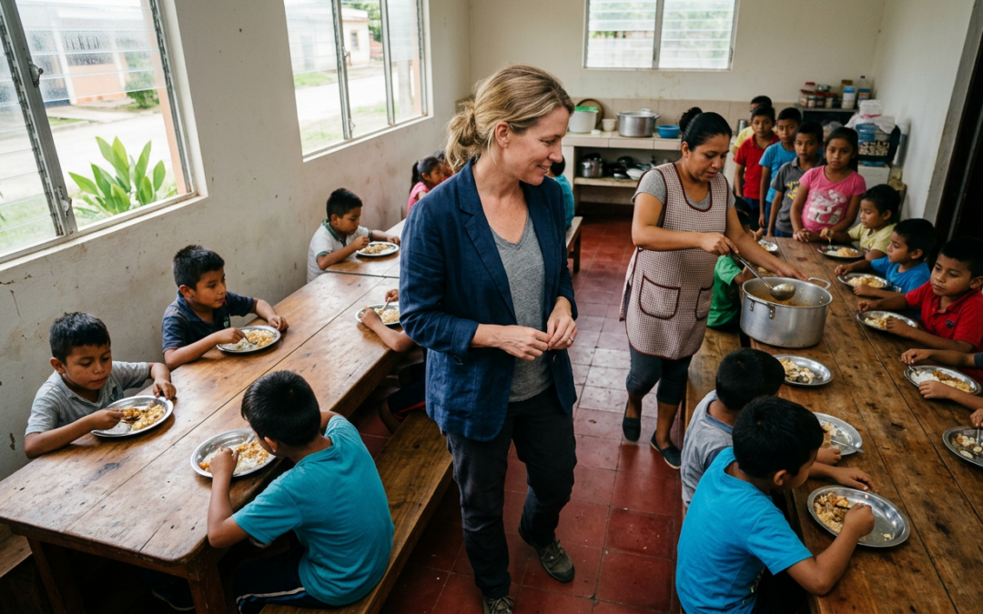 Donor observing local staff distribute meals to children at a feeding center in Honduras during a site visit.