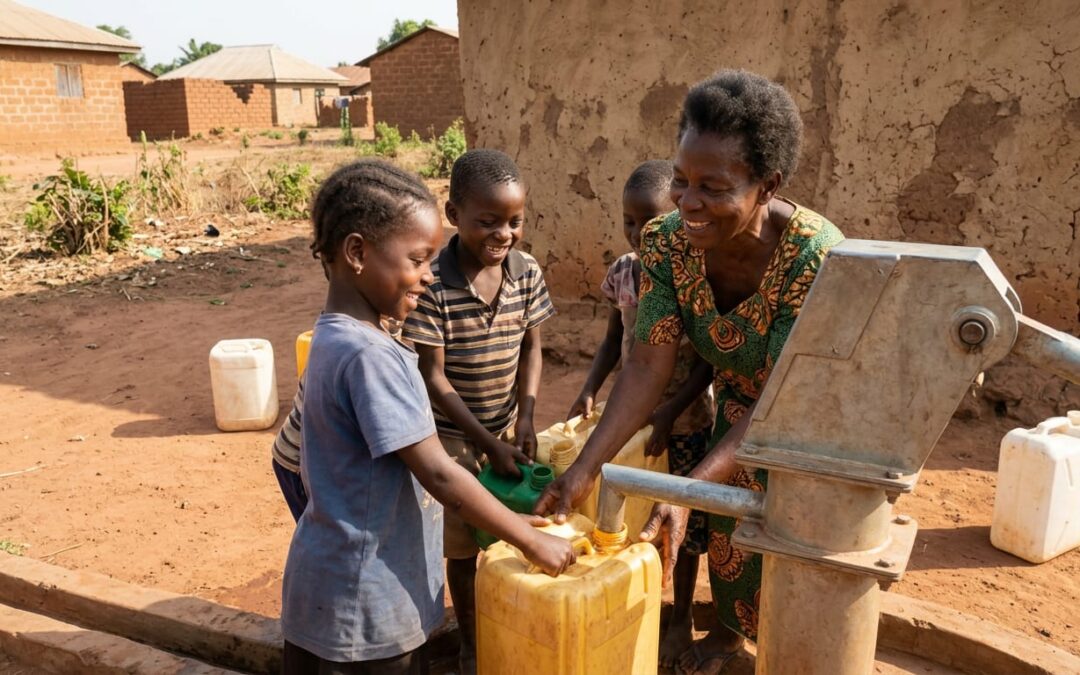 Children and a community elder filling water containers at a clean water tap in a Nigerian village on a sunny afternoon.