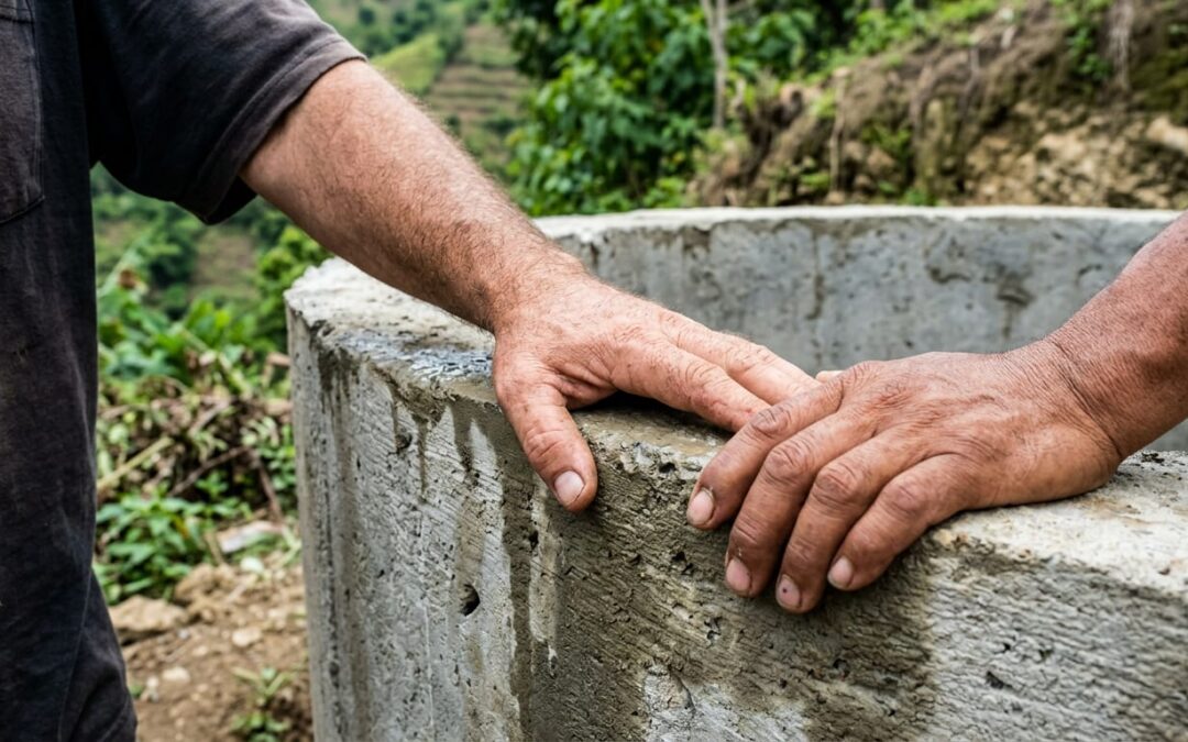 DAF donor crouching beside a concrete water cistern on a green hillside in Honduras, local community member standing nearby smiling.