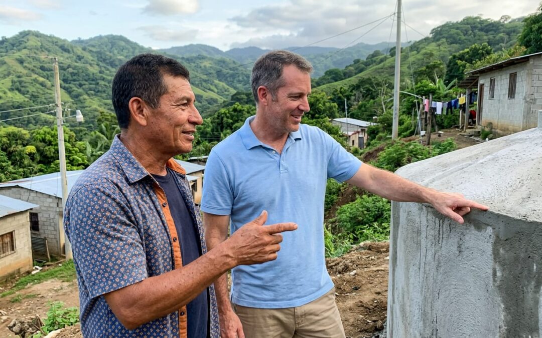Donor and community leader standing beside a water cistern on a hillside in Honduras, pointing at the completed project.