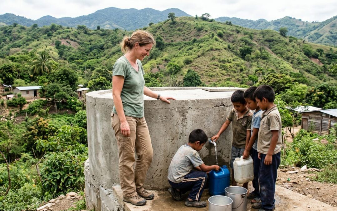 Donor standing beside a concrete water cistern in the mountains of Honduras, local children filling containers at the water outlet.