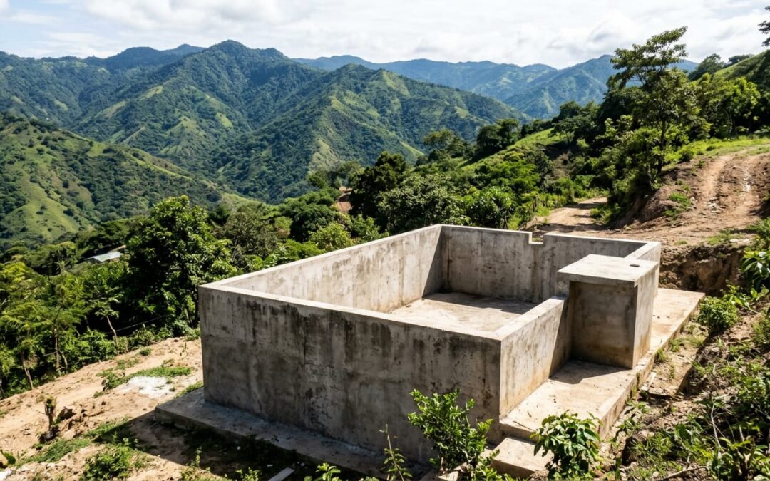Donors and a local partner examining a completed water cistern on a hillside in Honduras during a firsthand project site visit.