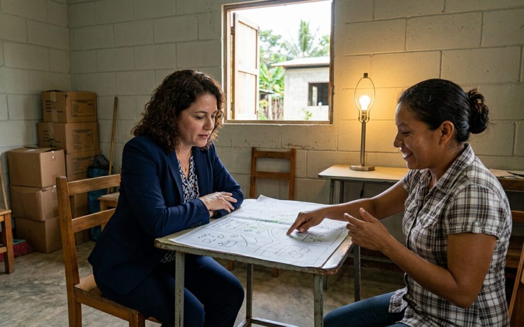 DAF donor and local Honduras project partner reviewing a hand-drawn site map at a small table in natural afternoon light.