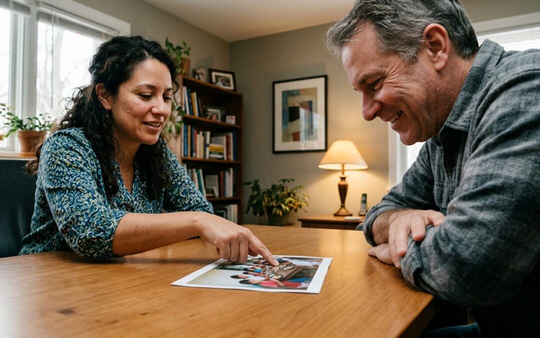 Financial advisor and client reviewing a project photo of a Honduras feeding center at a wooden office table in warm natural light.