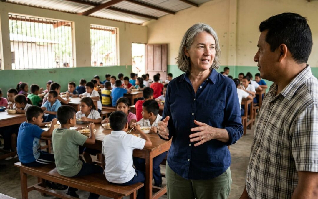 DAF donor speaking with a local partner at a children's feeding center in Honduras, children eating at wooden tables in background.