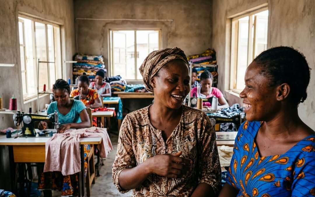 Women sewing at workstations inside a small business center in Nigeria, supported by a humanitarian funding partner.