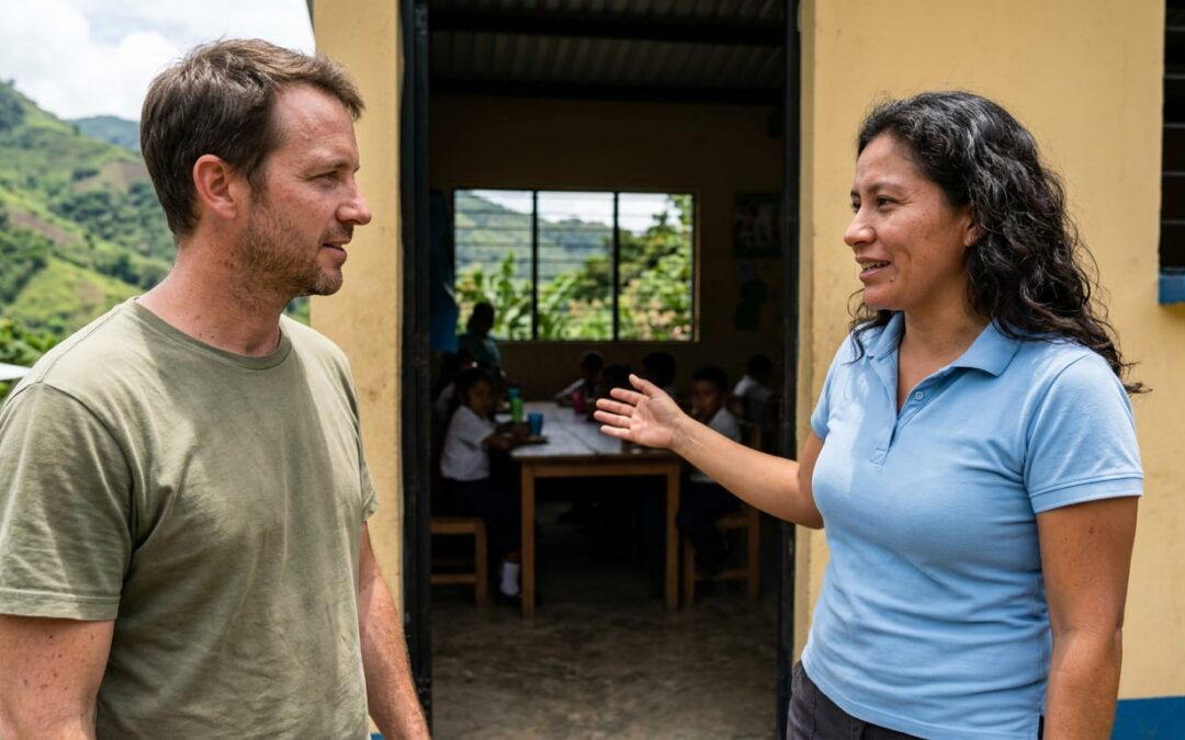 Donors and a local guide stand at a feeding center entrance in rural Honduras as children eat inside a bright painted building.
