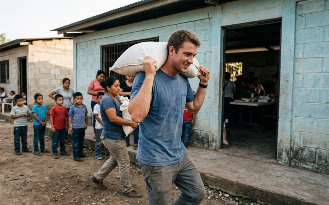 Local partner carrying food supplies into a feeding center in Honduras while children wait at the doorway in afternoon light.