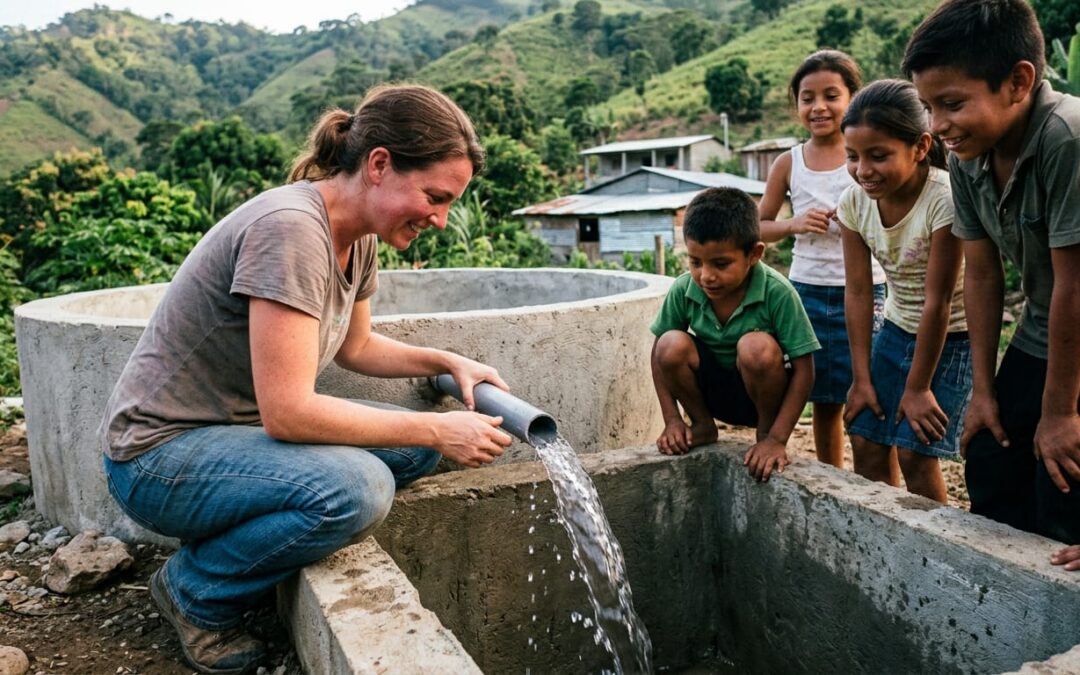 Local partner in Honduras checking water flow into a finished concrete cistern as children watch on a green mountain hillside.