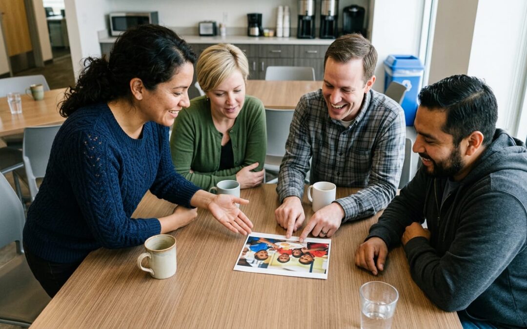 Coworkers gathered around a break room table sharing a photo of a feeding center in Colombia, discussing workplace giving.